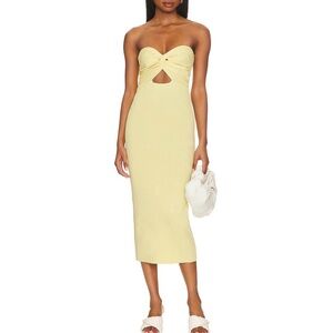 NWT Revolve SNDYS Maia Strapless Midi Dress Lemon Yellow Medium Ribbed Cut Out
